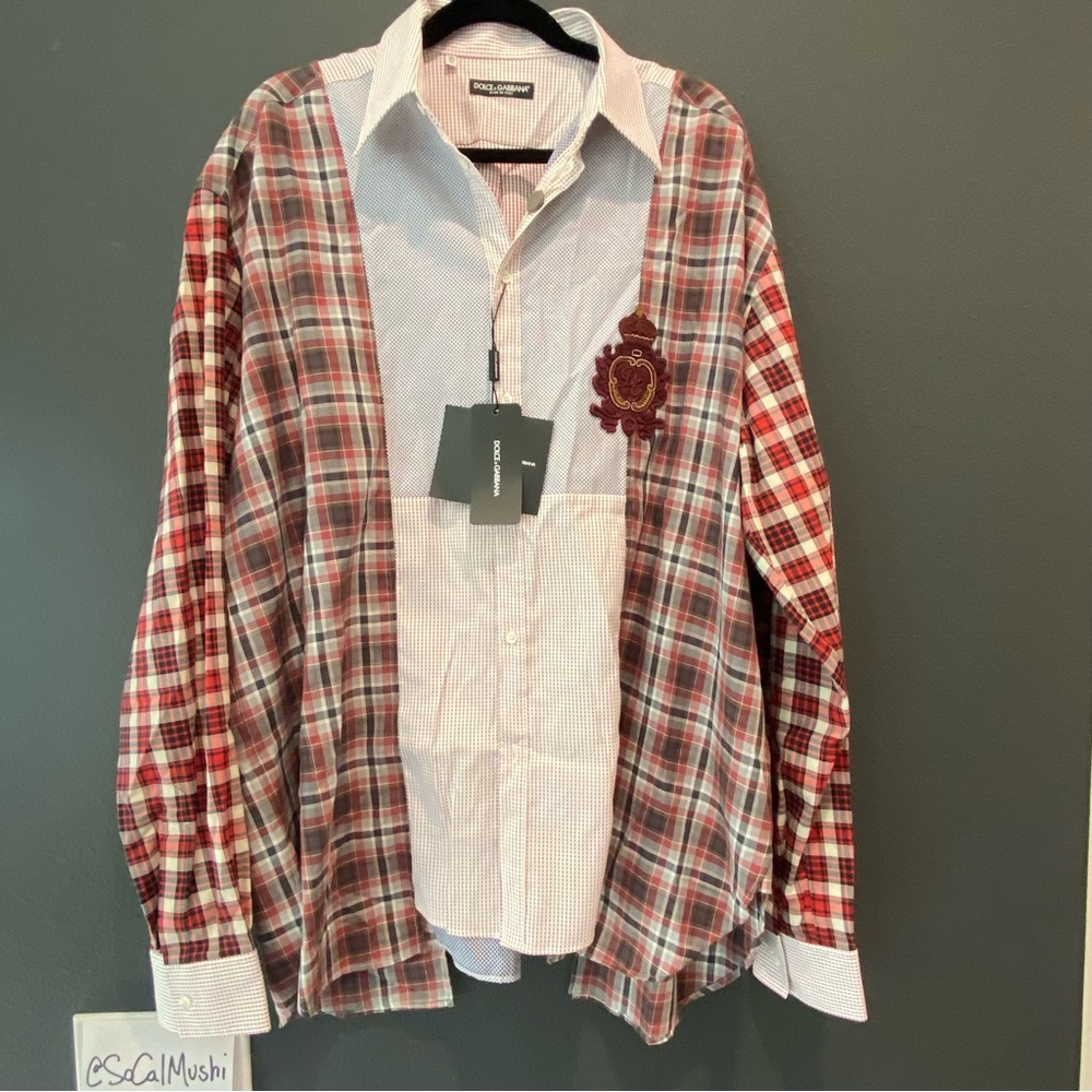 NWT Dolce and Gabbana men’s DG crest patchwork plaid button-down large 16 1/2 42